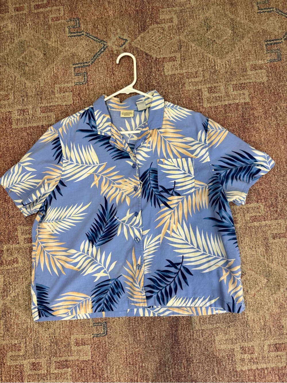 Classic elements petite xl women’s soft cotton leaf print boxy button down top